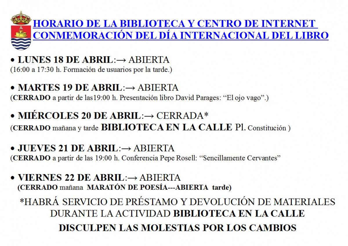 Horario para la Biblioteca durante la Semana del Libro