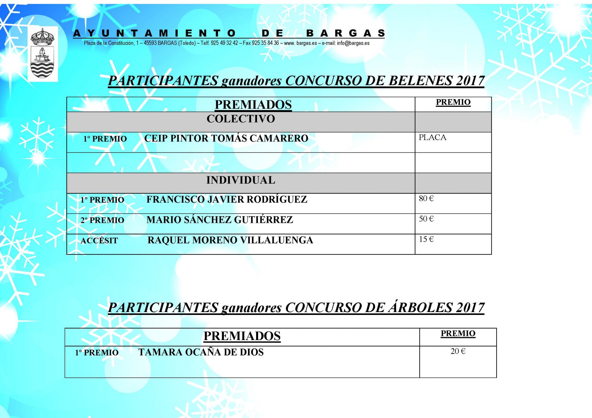 Ganadores de los Concursos de Belenes y Arboles de Navidad