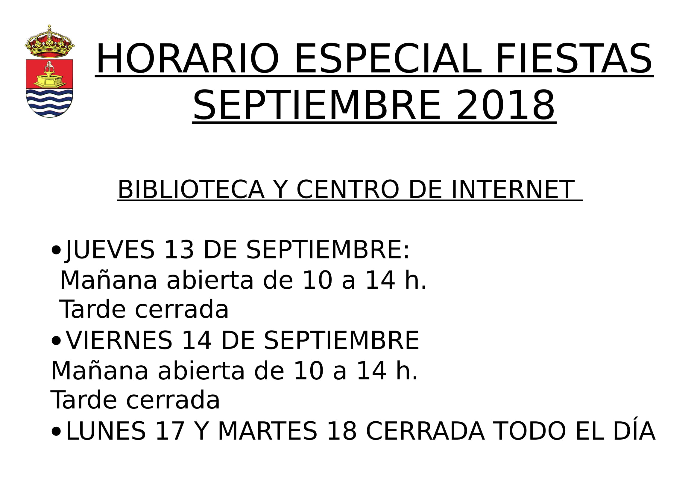 Horario especial Fiestas Septiembre – Biblioteca y Centro de internet