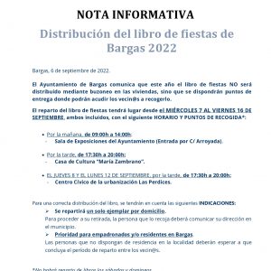 NOTA INFORMATIVA Distribución del libro de fiestas de Bargas 2022