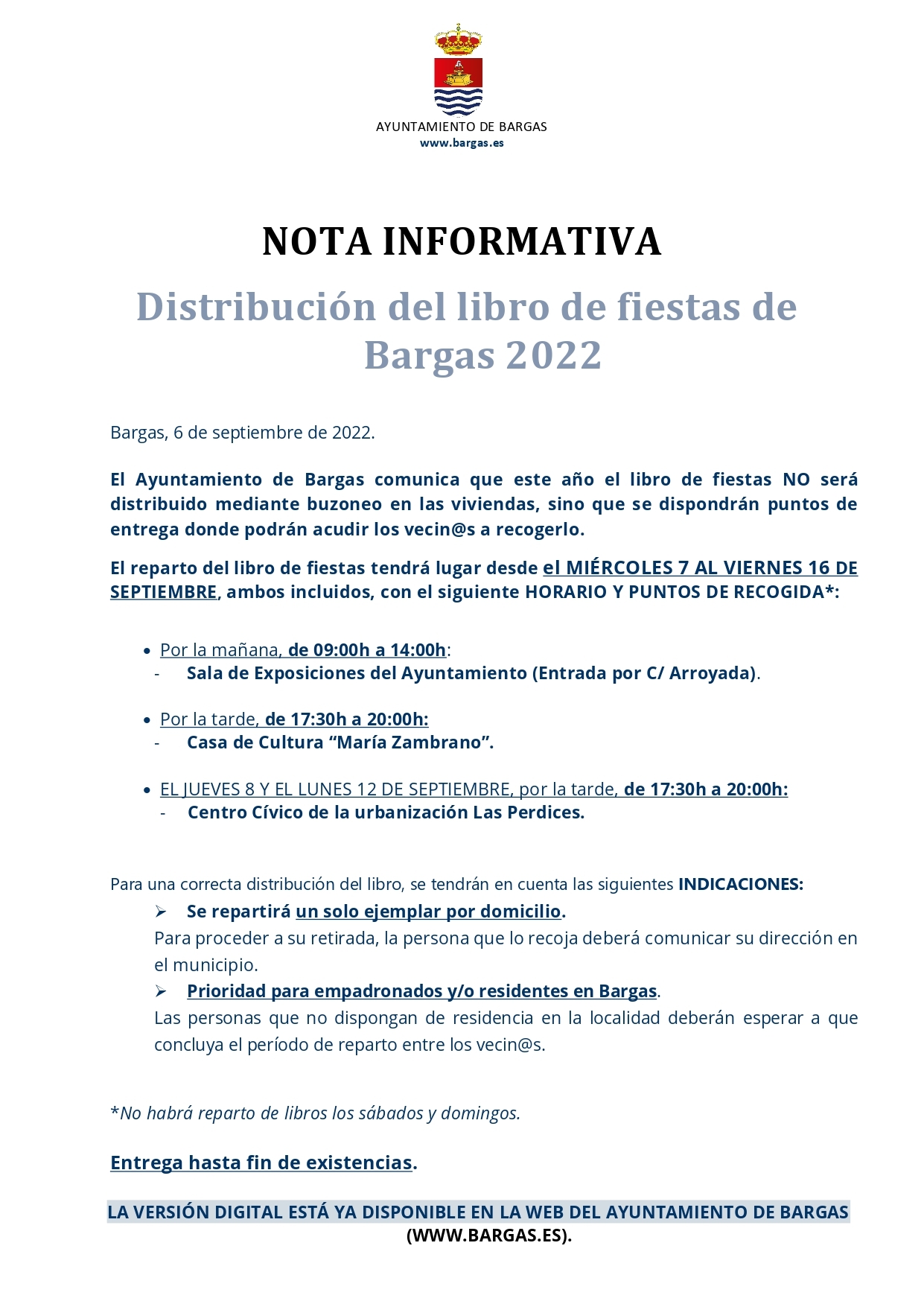 NOTA INFORMATIVA Distribución del libro de fiestas de Bargas 2022