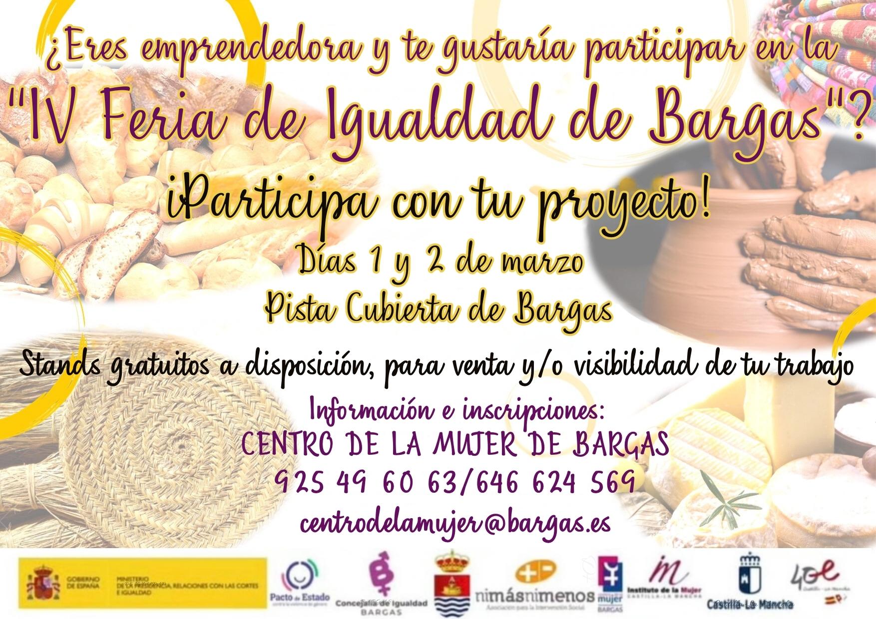 ¿Eres emprendedora y te gustaría participar en la III Feria de Igualdad de Bargas iParticipa con tu proyecto! Días 1 y 2 de marzo Pista Cubierta de Bargas (2)