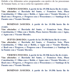 Previsión de cortes de calles con motivo de los actos religiosos de Semana Santa