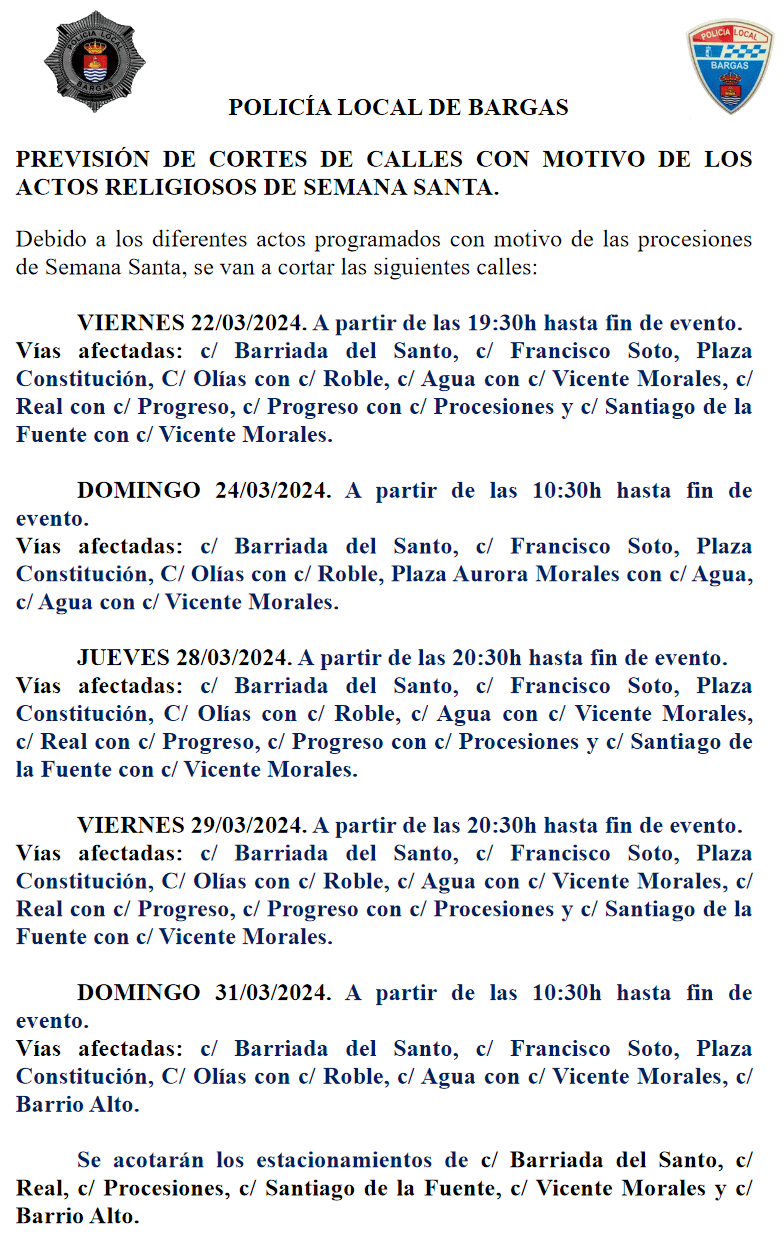 Previsión de cortes de calles con motivo de los actos religiosos de Semana Santa