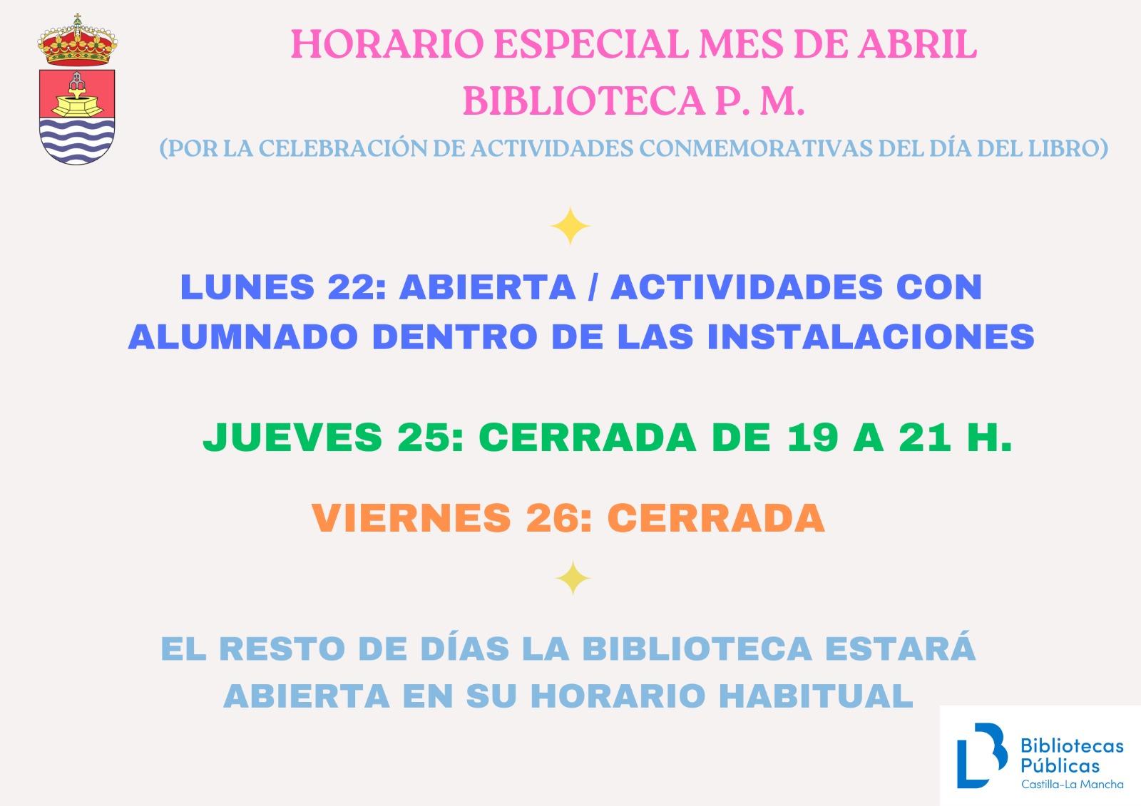 Horario especial del mes de abril de 2024 de la Biblioteca P.M.