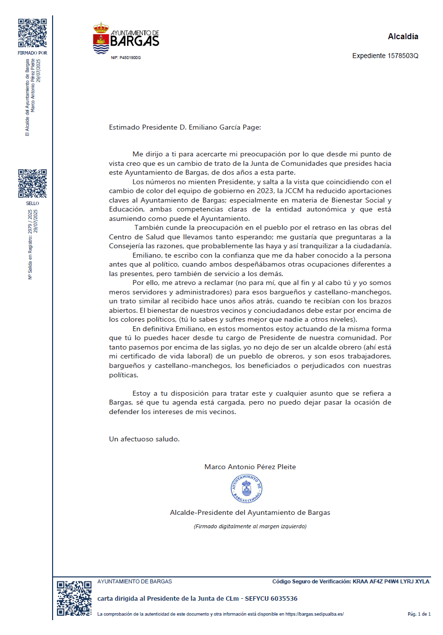Carta del Alcalde-Presidente del Ayuntamiento de Bargas, D. Marco Antonio Pérez Pleite al Presidente de la Junta de Comunidades de Castilla-La Mancha, D. Emiliano García-Page