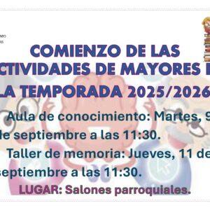 Información comienzo actividades de mayores, aula conocimiento y tertulia.