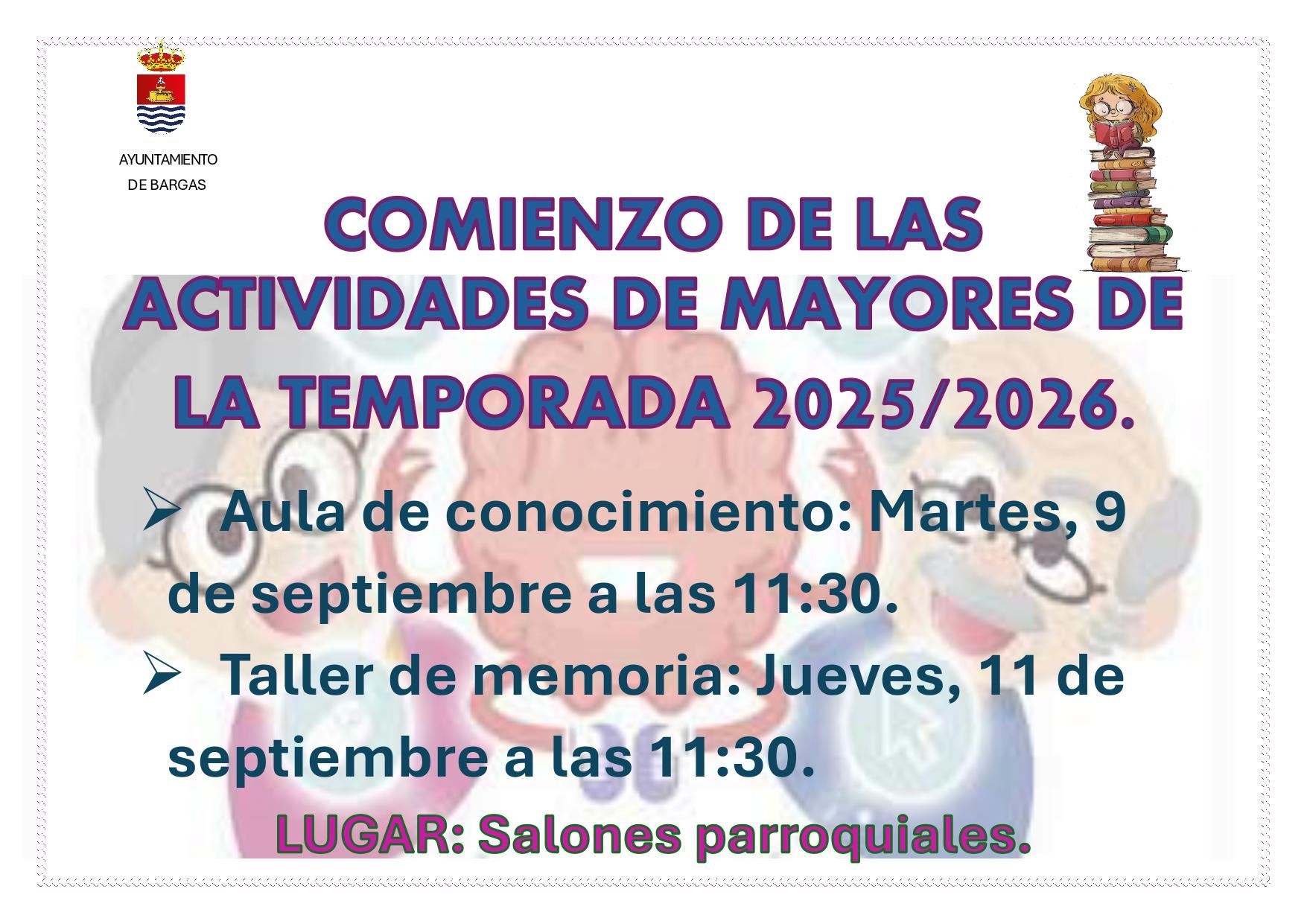 Información comienzo actividades de mayores, aula conocimiento y tertulia.