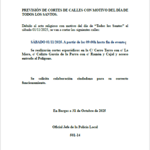 COMUNICACIÓN POLICÍA LOCAL BARGAS: PREVISIÓN CORTES DE CALLES.