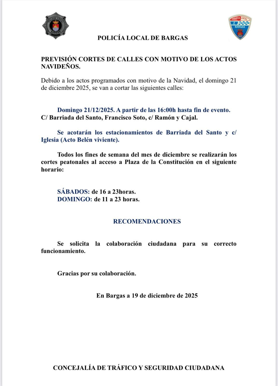 PREVISION CORTES DE CALLES CON MOTIVO DE LOS ACTOS NAVIDEÑOS