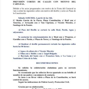 Comunicado Policía Local: Previsión de cortes de calles con motivo del carnaval