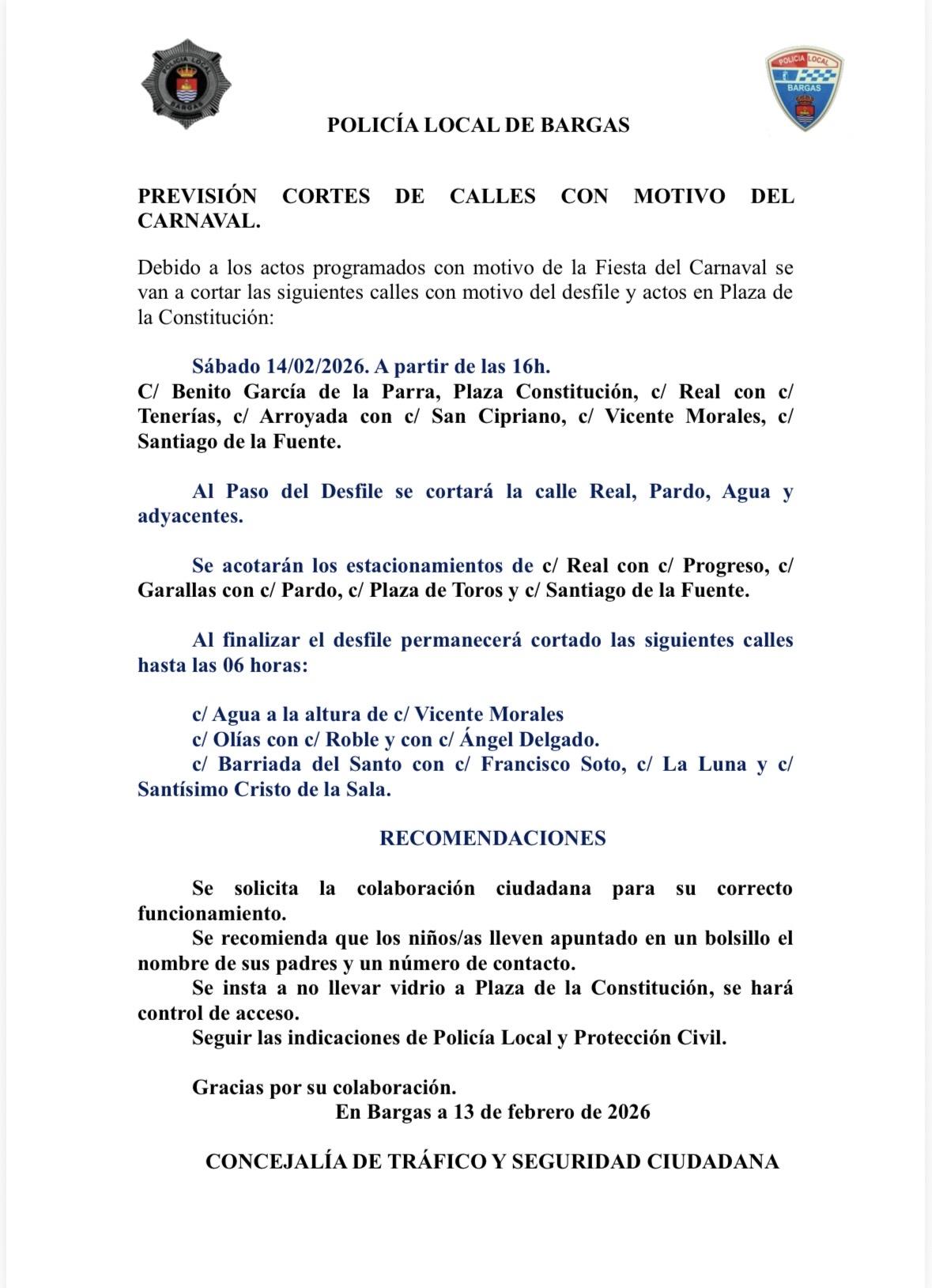 Comunicado Policía Local: Previsión de cortes de calles con motivo del carnaval