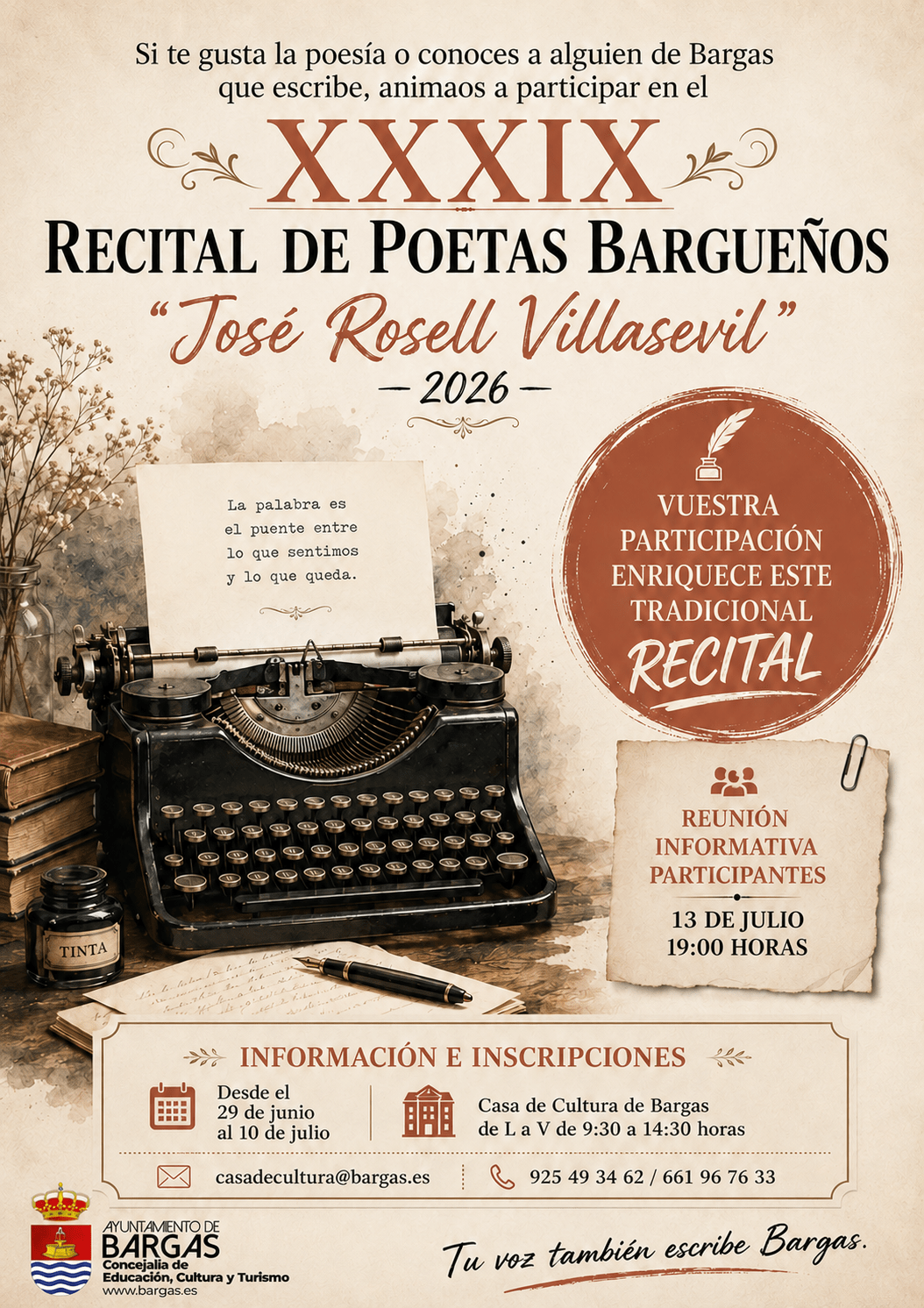 Convocatoria de inscripciones al Recital de Poetas Bargueños 2026