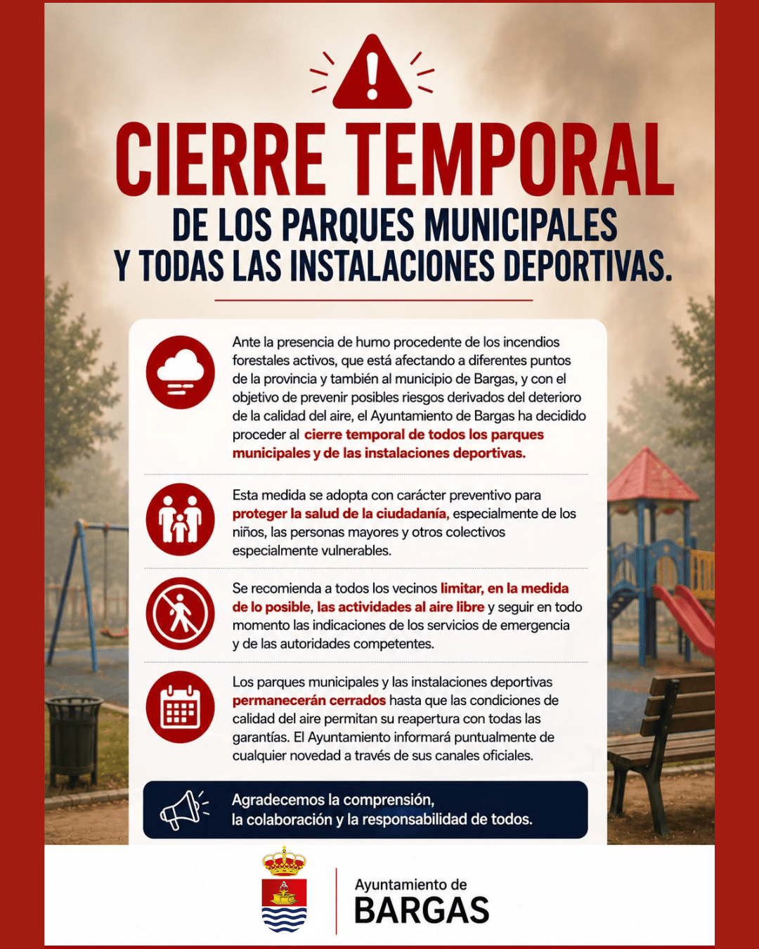CIERRE TEMPORAL DE LOS PARQUES MUNICIPALES Y TODAS LAS INSTALACIONES DEPORTIVAS.