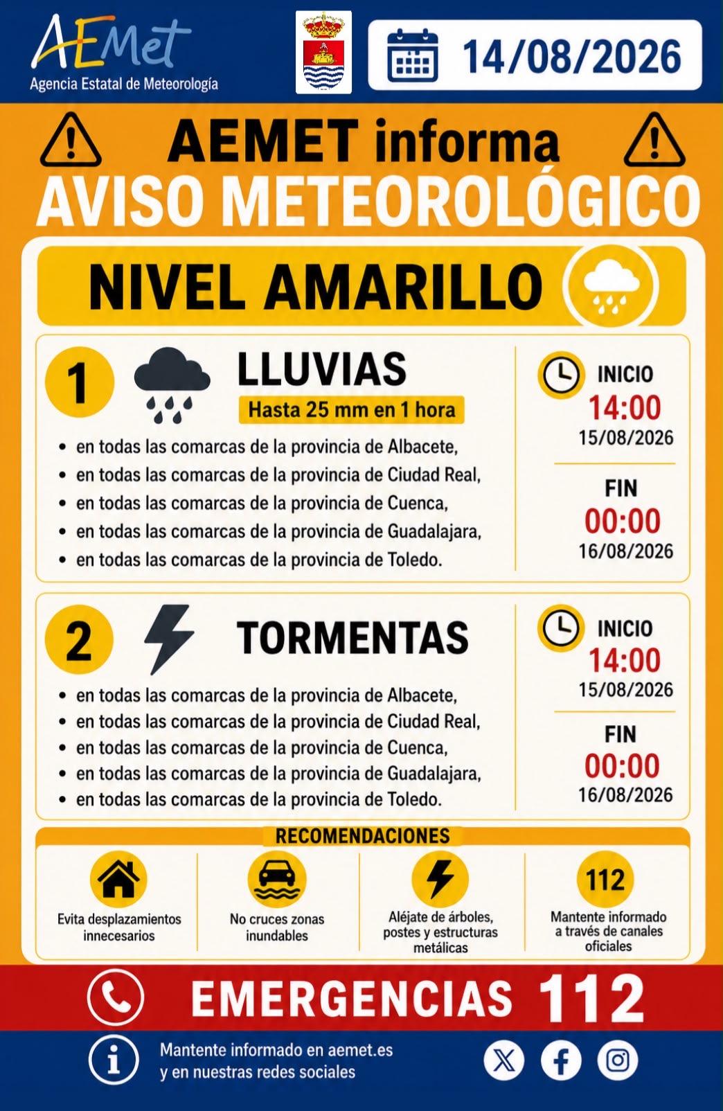 ⚠️ AVISO METEOROLÓGICO – NIVEL AMARILLO ⚠️