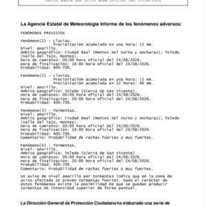 ⚠️ AVISO METEOROLÓGICO PARA EL LUNES 24 DE AGOSTO