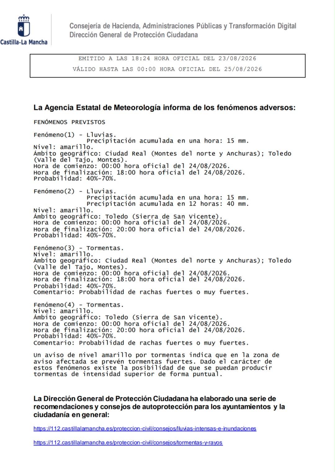 ⚠️ AVISO METEOROLÓGICO PARA EL LUNES 24 DE AGOSTO